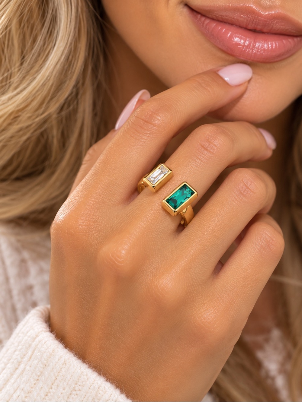 18K Gold Emerald & Moissanite Baguette Open Ring Luxury